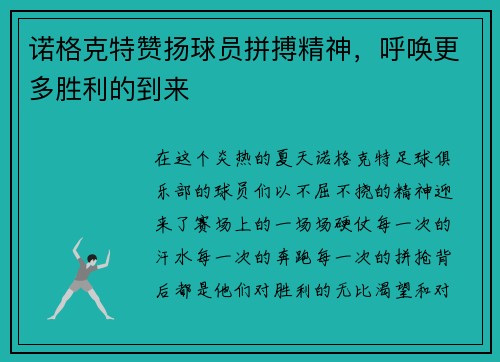 诺格克特赞扬球员拼搏精神，呼唤更多胜利的到来