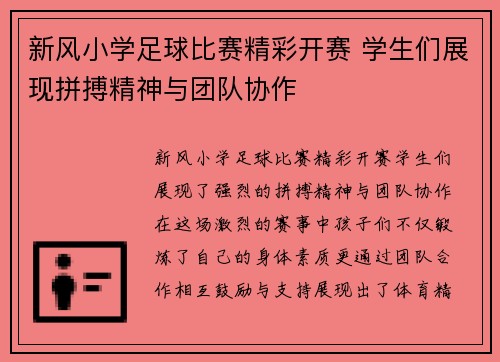 新风小学足球比赛精彩开赛 学生们展现拼搏精神与团队协作