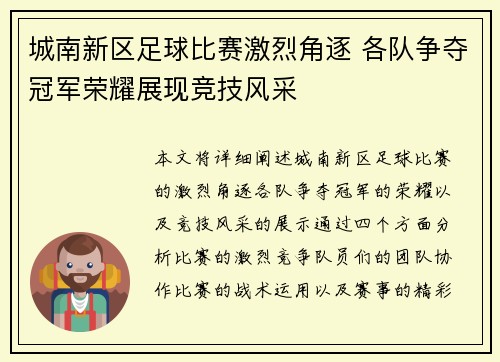 城南新区足球比赛激烈角逐 各队争夺冠军荣耀展现竞技风采