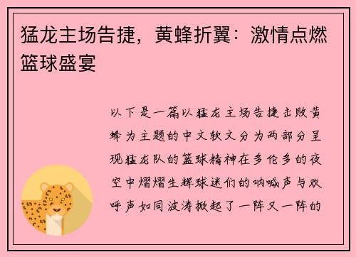 猛龙主场告捷，黄蜂折翼：激情点燃篮球盛宴