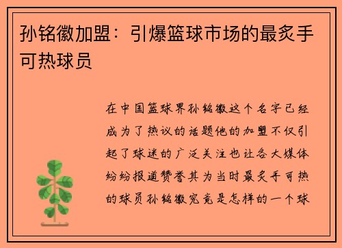 孙铭徽加盟：引爆篮球市场的最炙手可热球员