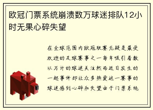 欧冠门票系统崩溃数万球迷排队12小时无果心碎失望