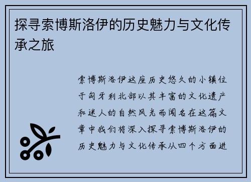 探寻索博斯洛伊的历史魅力与文化传承之旅