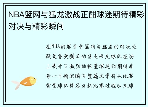 NBA篮网与猛龙激战正酣球迷期待精彩对决与精彩瞬间