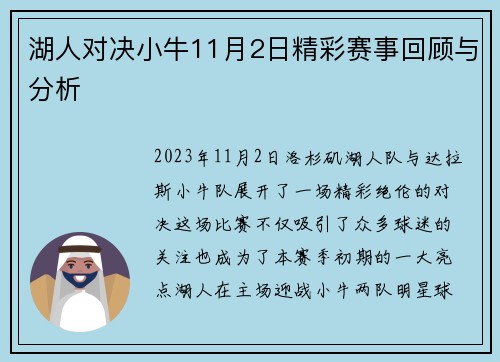 湖人对决小牛11月2日精彩赛事回顾与分析