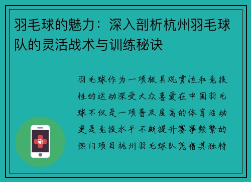 羽毛球的魅力：深入剖析杭州羽毛球队的灵活战术与训练秘诀