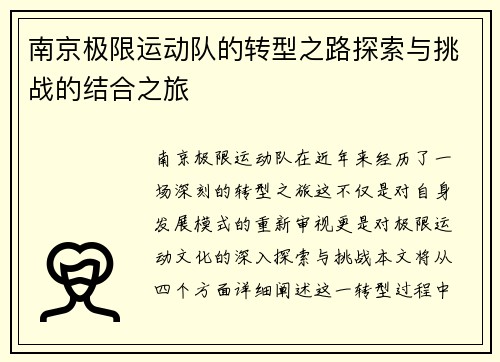 南京极限运动队的转型之路探索与挑战的结合之旅
